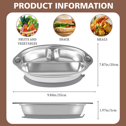 Mrs. Chou® Stainless Steel Baby Suction Plates Divided Designed for Babies and Toddlers, Made of 100% Food-Grade Materials Ideal for Baby-Led Weaning BPA-Free Toddler Feeding Supplies Dishwasher Safe