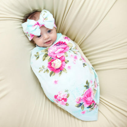 Galabloomer Newborn Receiving Blanket Headband Set Baby Flower Swaddle (vintage flower)