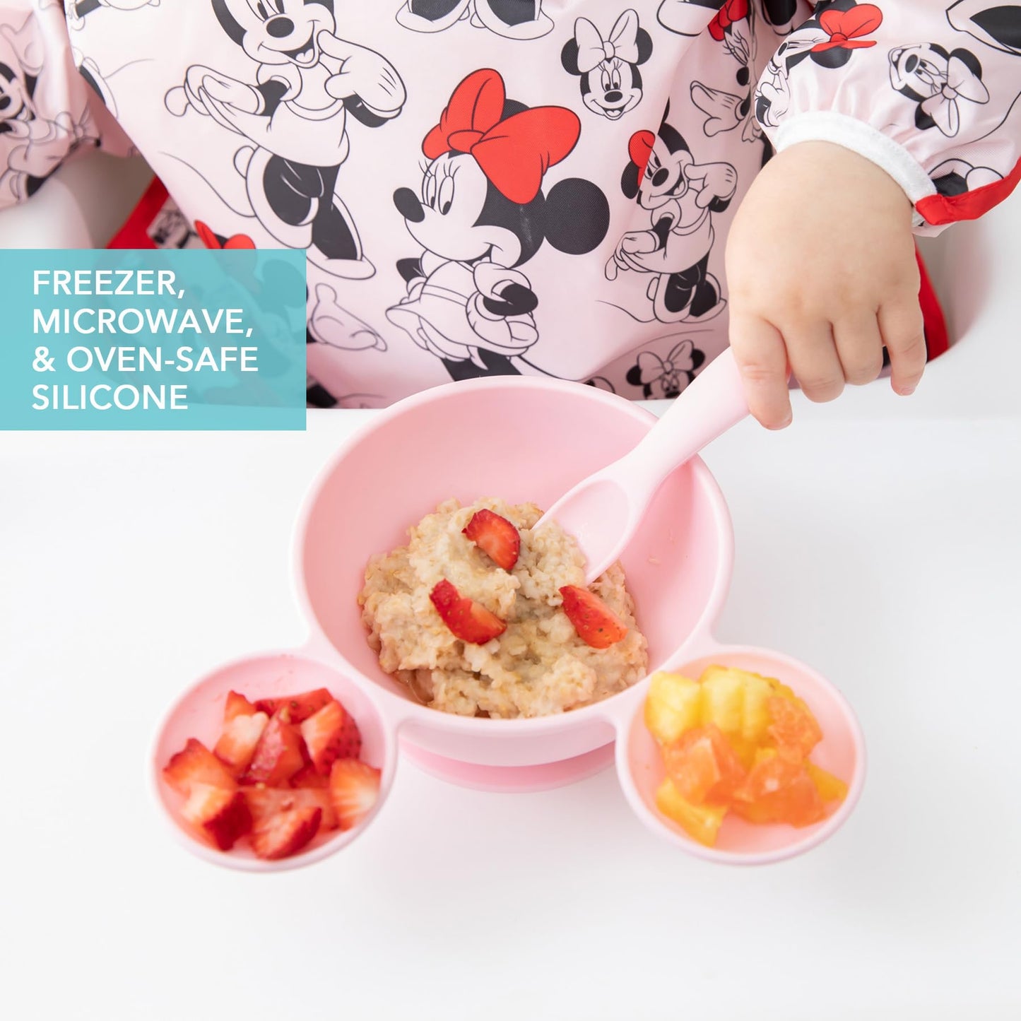 Bumkins Baby Bowls, Disney Minnie Mouse Silicone Baby Feeding Set, Suction Bowls for Baby and Toddler with Spoon, First Feeding Set, Platinum Silicone Bowl for Babies 4 Months