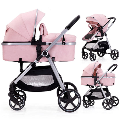 2-in-1 Baby Stroller with Bassinet Mode - Folding Infant Newborn Pram Stroller with Reversible Seat - Toddler Strollers for 0-36 Months Old Babies (Beige)