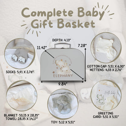 Elephany Baby Shower Gifts – Gender-Neutral Baby Gift Basket for Newborn Girls and Boys – Newborn Baby Essentials Gift Basket with Blanket, Towel, Rattle Toy, Socks – Cute Newborn Baby Gifts