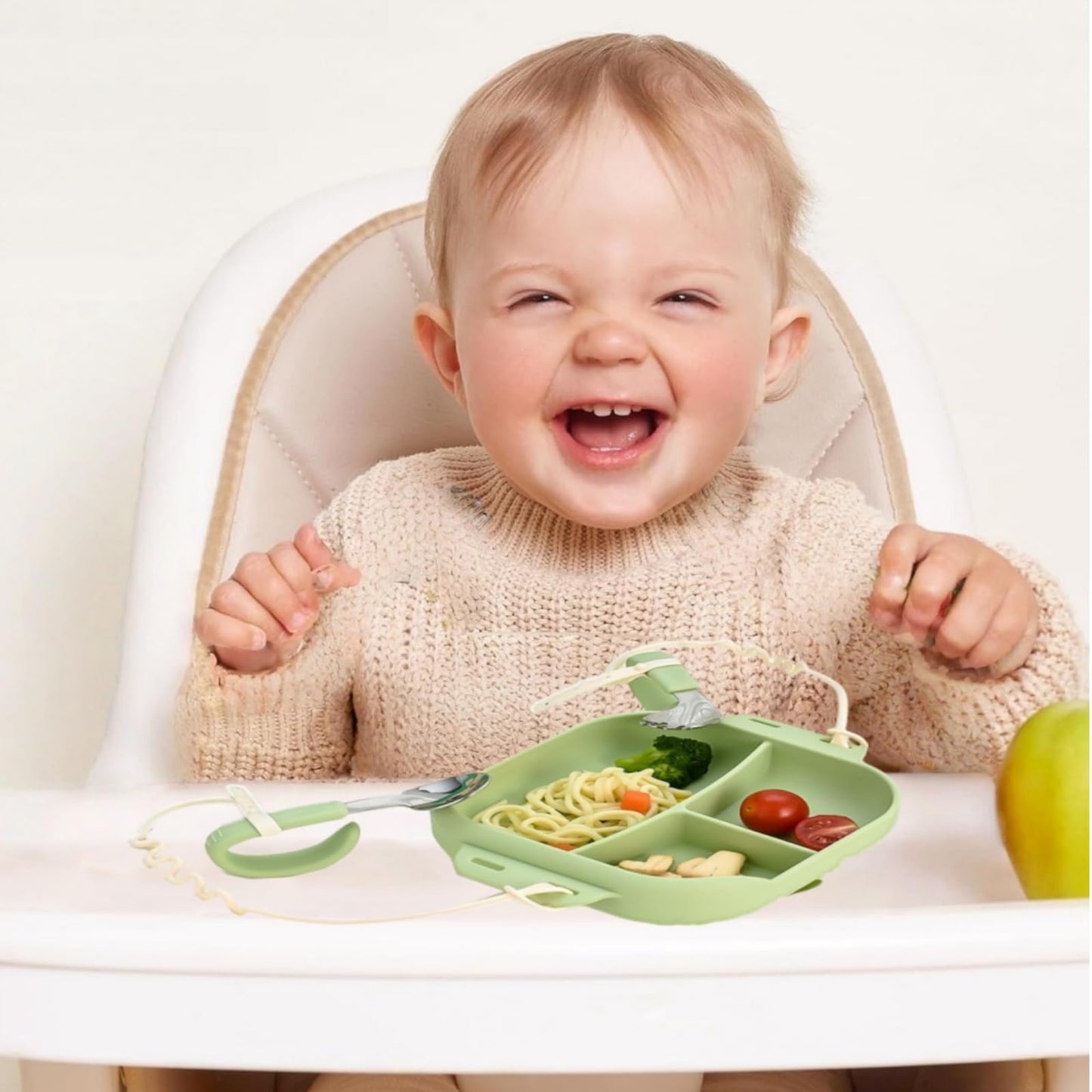 Silicone Tableware for Baby, Silicone Divided Suction Plate for Babies with Built-in Suction Cups, Baby Spoons, Babies Attachable Tethers, Divided Design for Picky Eaters, Baby Led Weaning Supplies