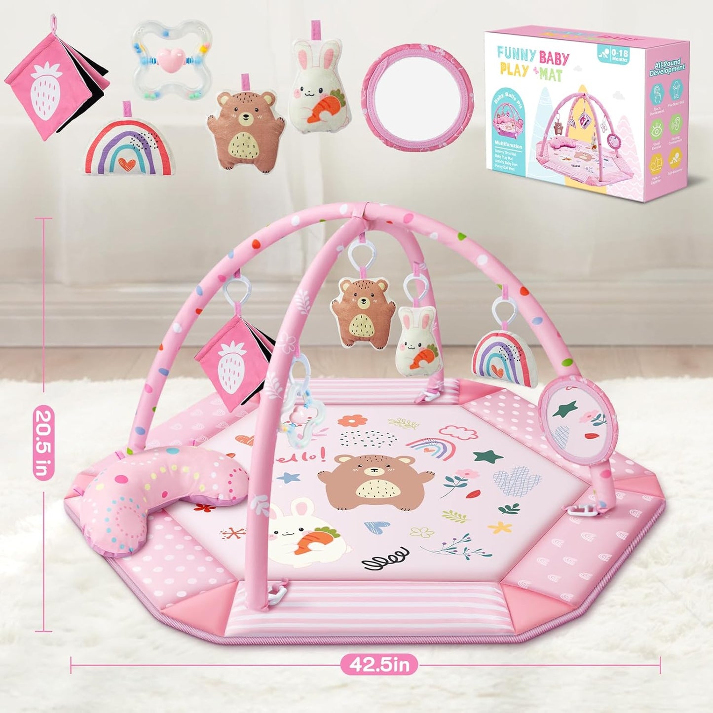 Baby Gym Play Mat, 8-in-1 Tummy Time Mat & Ball Pit with 6 Toys, Washable Baby Activity Mat for Visual, Hearing, Sensory, Motor Development, Baby Gift for Newborn Infant 0-3-6-9-12 Months (Pink)