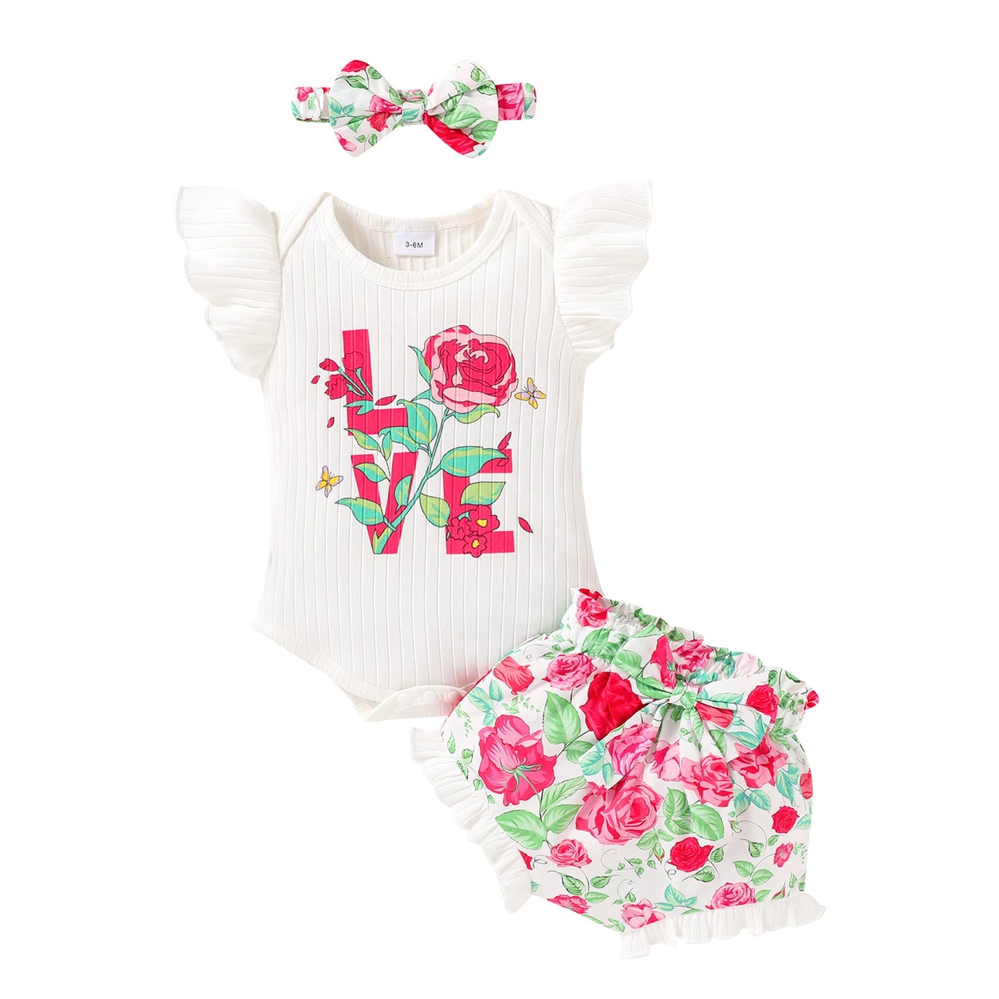 Tiny Cutey Baby Girl Clothes Infant Summer Outfits Set Ruffle Sleeve Romper and Floral Shorts with Headband
