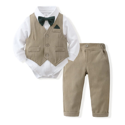 DISAUR Baby Boy Clothes Toddler Boy Outfits 4PCS Gentleman Dress Romper/Vest/Pants/Bow Tie Cotton Suit Sets