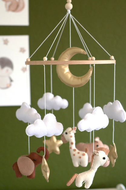 Baby Mobile for Crib - Handmade Modern Boho Baby Mobiles for Bassinet Felt Nursery Mobile Gender Neutral - Gold Moon and Stars - Girl Cribs Decorations