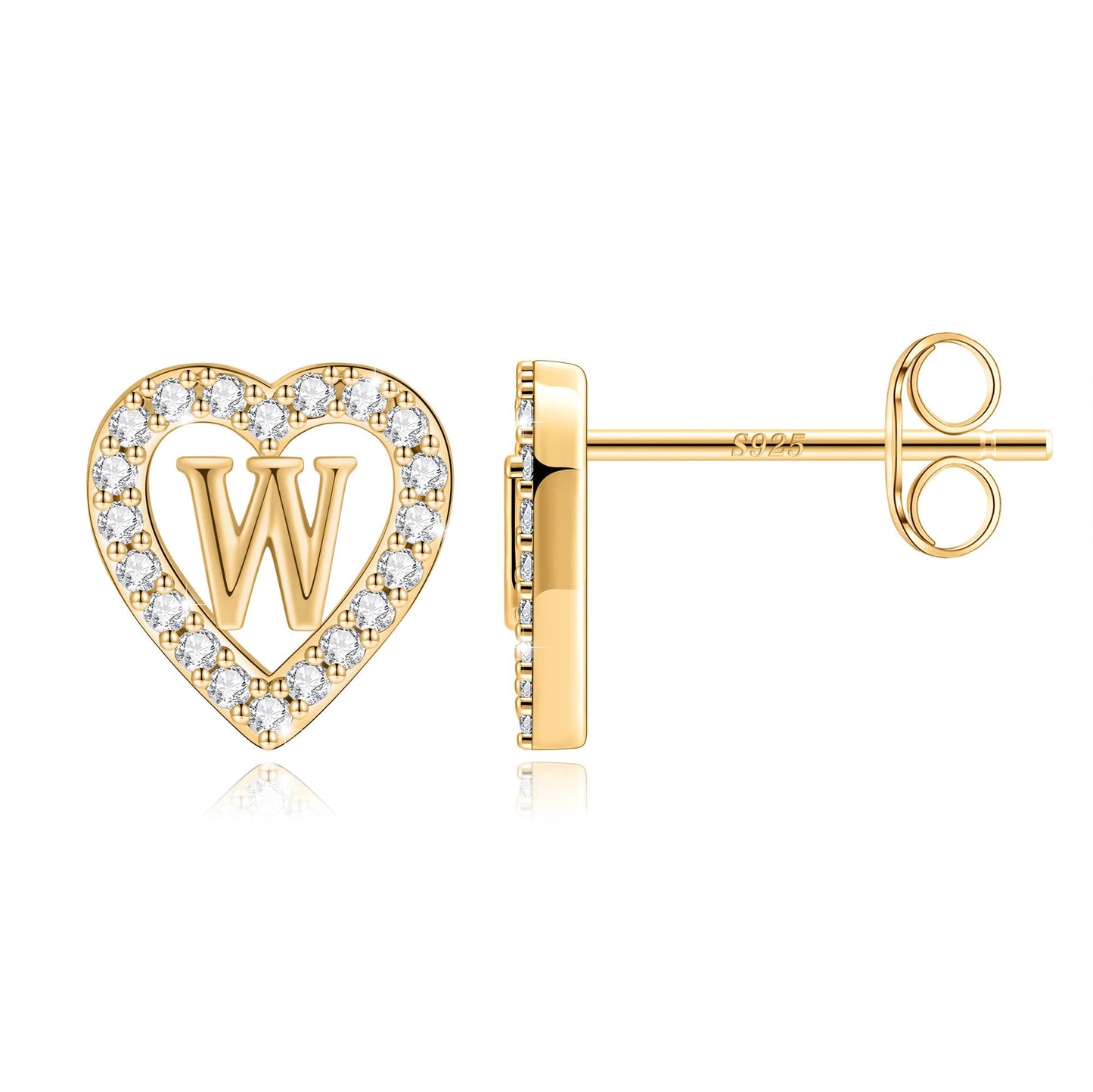 Anoup Heart Initial Stud Earrings - Gifts for Girls, Sterling Silver Post 14K Gold Plated All Over Hypoallergenic | CZ Simulated Diamond Stud Earrings | Birthday Gifts for Kids Toddlers Daughter