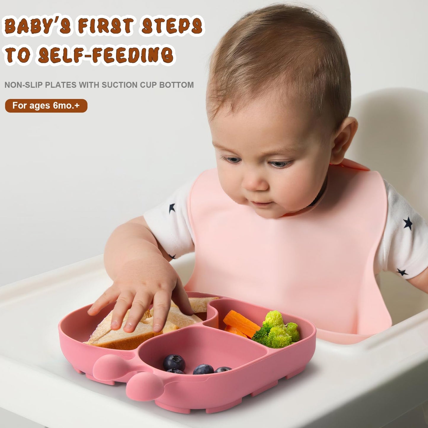 Silicone Baby Plate with Super Suction – Snail Shape 3 Compartment Toddler Food Plate Self Feeding Unbreakable Eating Supplies for Boys and Girls (Pink) (Green)