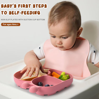 Silicone Baby Plate with Super Suction – Snail Shape 3 Compartment Toddler Food Plate Self Feeding Unbreakable Eating Supplies for Boys and Girls (Pink) (Green)