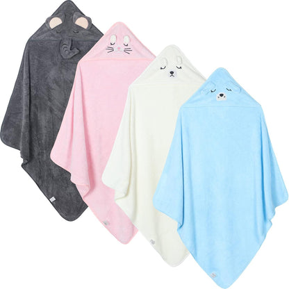 Eccliy 4 Pack Baby Bath Towel Cute Animal Face Coral Fleece Baby Bath Towels Poncho Cape for Boy and Girl (Kitten, Puppy, Bear, Elephant)