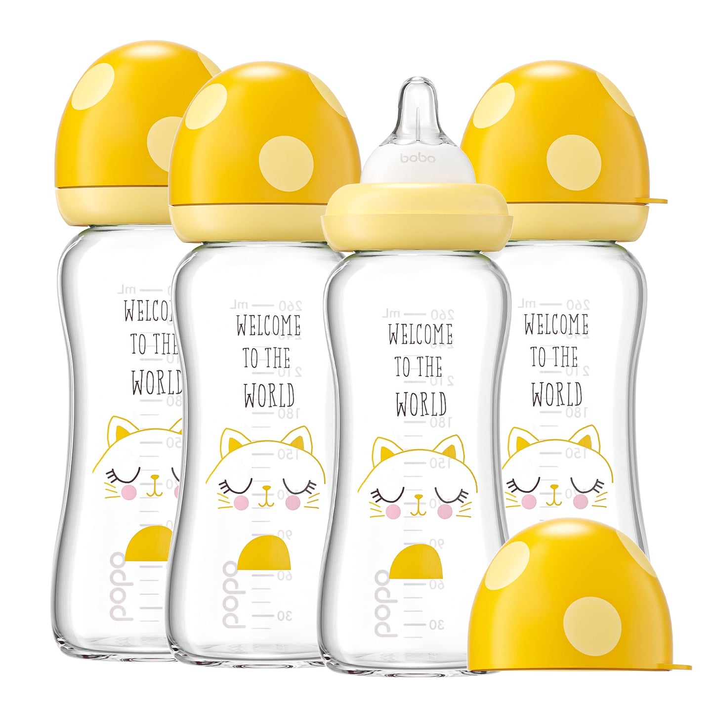 YOHKOH Natural Glass Baby Bottle with Natural Response Nipple, Newborn Anti-Colic Baby Bottles, Wide Neck Mushroom Cap Baby Bottle, Clear (8.8ounce (Pack of 4), Multicolour1)