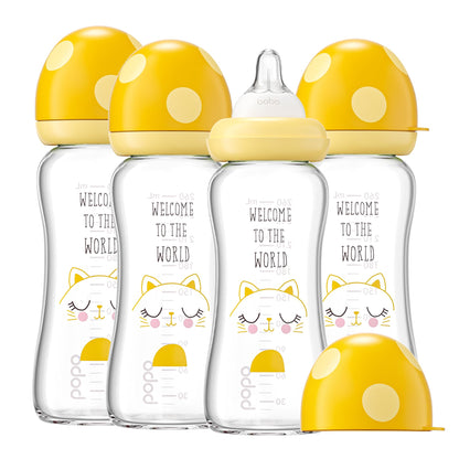 YOHKOH Natural Glass Baby Bottle with Natural Response Nipple, Newborn Anti-Colic Baby Bottles, Wide Neck Mushroom Cap Baby Bottle, Clear (8.8ounce (Pack of 4), Multicolour1)