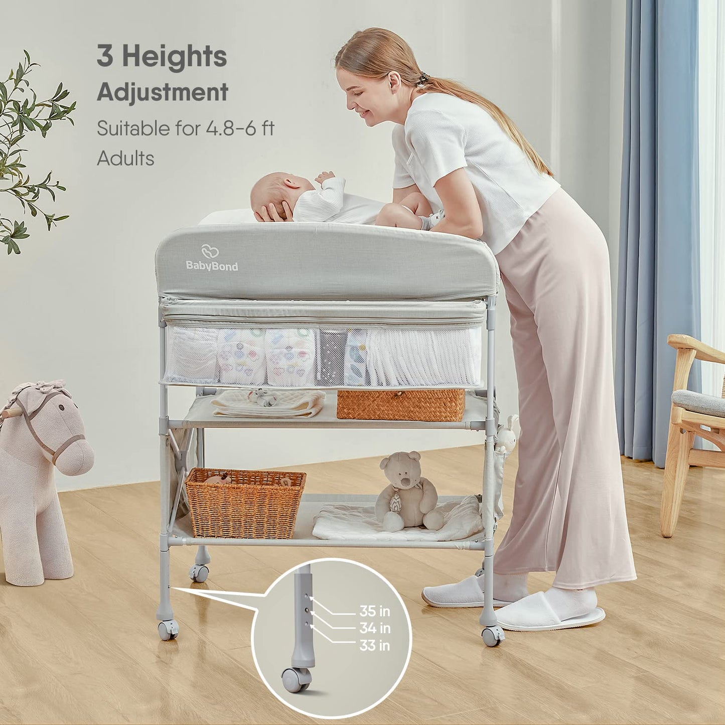 BabyBond Portable Baby Changing Table with 2 Storage Baskets, Foldable Changing Table Dresser Waterproof Diaper Changing Table Height Adjustable Changing Station for Infant and Newborn(Beige)