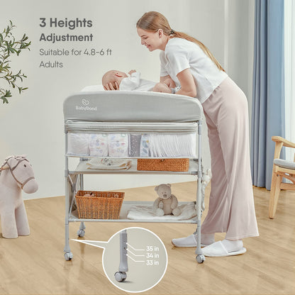 BabyBond Portable Baby Changing Table with 2 Storage Baskets, Foldable Changing Table Dresser Waterproof Diaper Changing Table Height Adjustable Changing Station for Infant and Newborn(Beige)