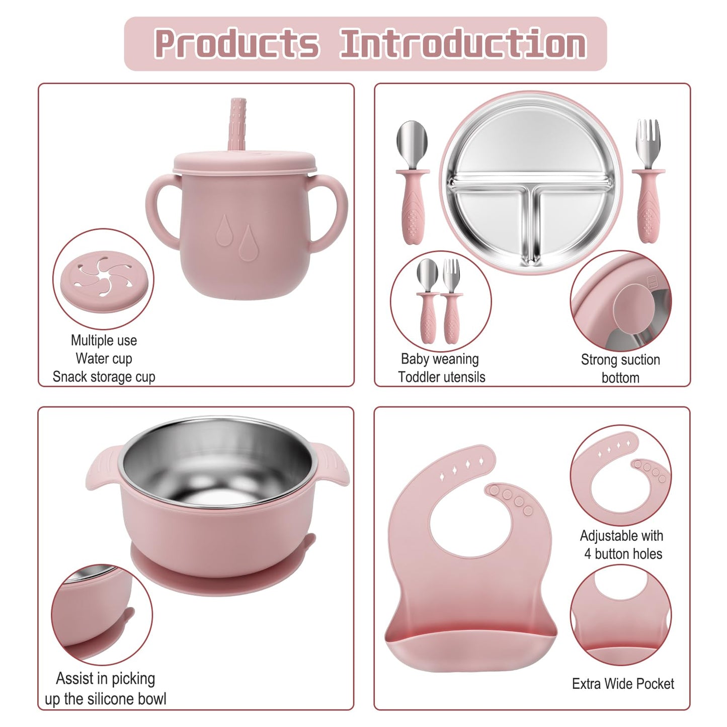 Baby Weaning Bundle, Silicone Baby Feeding Set, Comes with Detachable Silicone Stainless Steel Toddlers Plate and Bowl set, Baby Bib and 2-in-1 Water Cup and spoons (Blue)