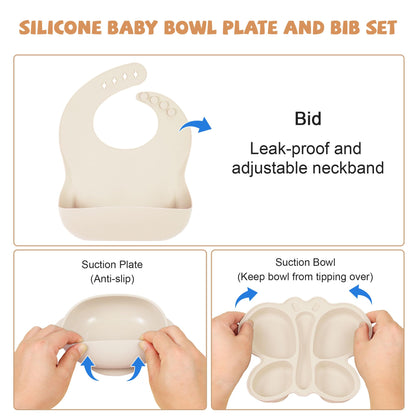 Silicone Baby Feeding Set, Baby Led Weaning Supplies, Silicone Suction Butterfly Plate, Bowl, Spoons, Fork and Waterproof Bib & Cloth Bib, Eating Utensils Baby Feeding Essentials (Purple)