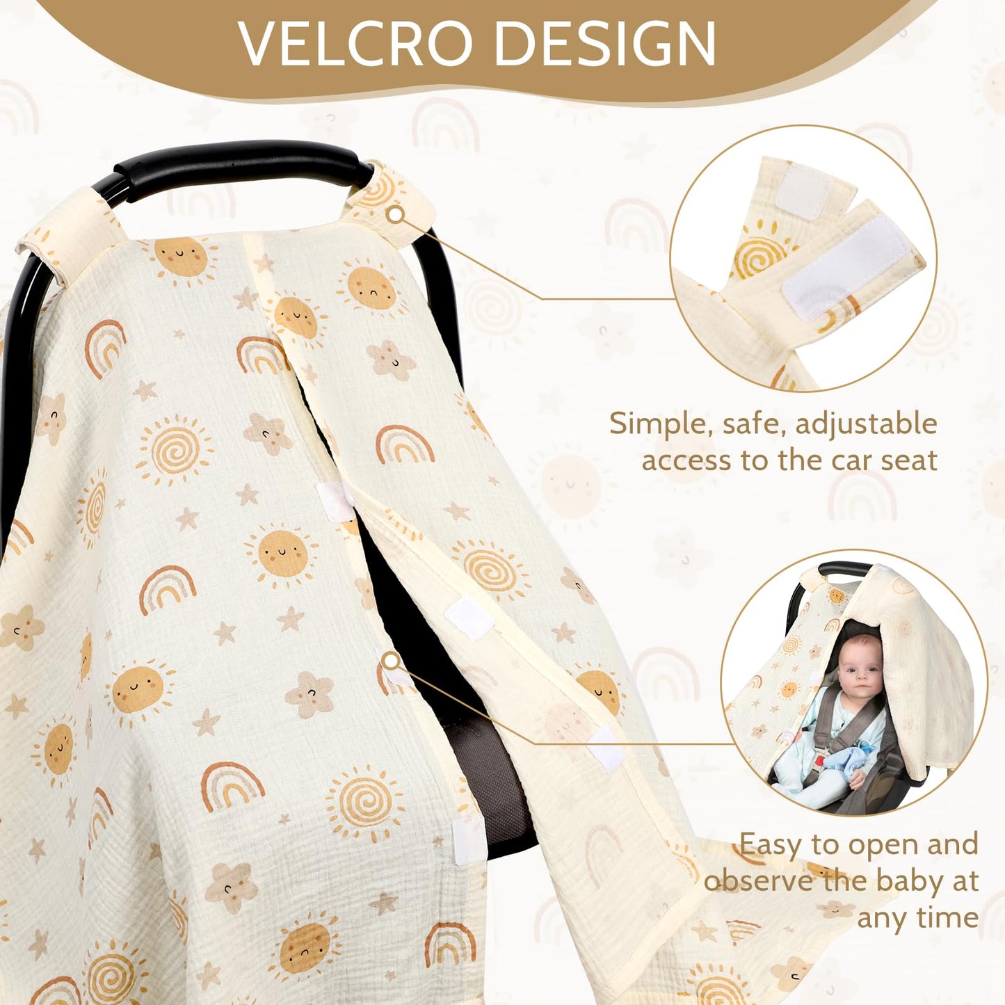 Muslin Car Seat Cover Baby Girls Boys, Summer Cotton Baby Car Seat Cover for Carseat, Comfortable Nursing Cover, Soft Baby Blanket, Breathable Lightweight Infant Stroller Canopy, Rainbow