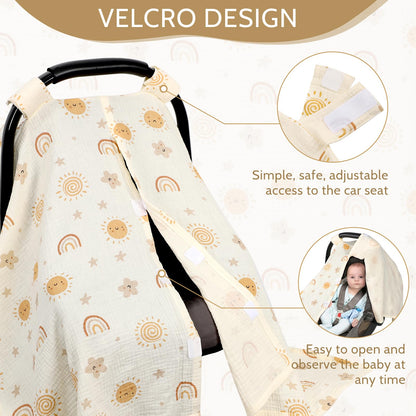 Muslin Car Seat Cover Baby Girls Boys, Summer Cotton Baby Car Seat Cover for Carseat, Comfortable Nursing Cover, Soft Baby Blanket, Breathable Lightweight Infant Stroller Canopy, Rainbow