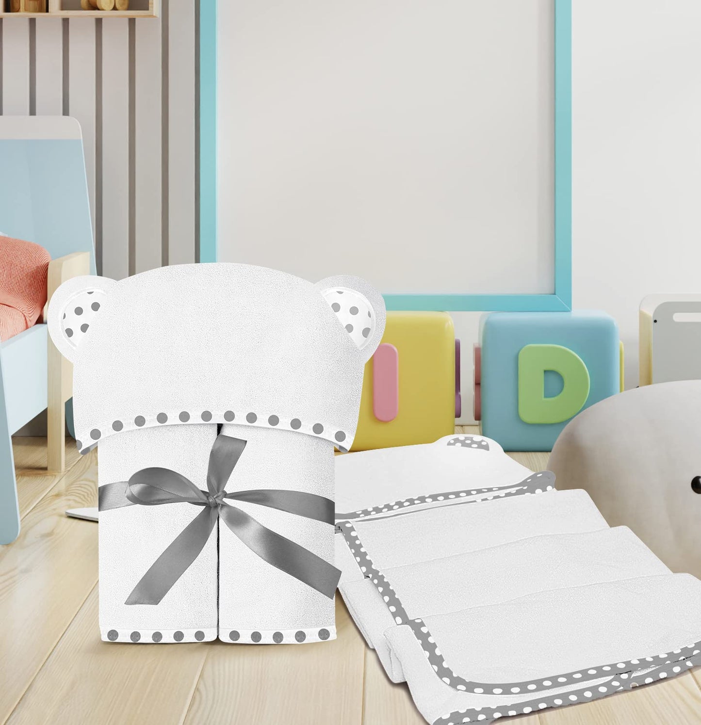 Set of 2 Hooded Baby Towels – White and Grey – Luxurious, Large and Super Absorbent – 30 x 30 Inch – Soft and Suitable for Infants, Toddlers and Kids – 400 GSM