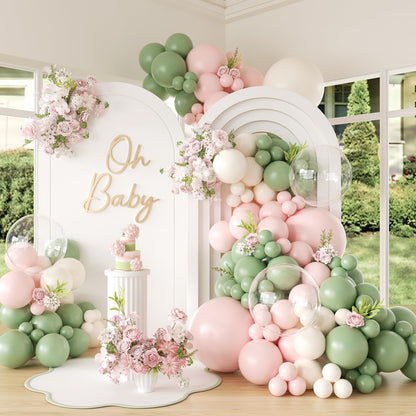 Sage Green Pink Balloon Arch kit,131Pcs Pastel Pink Green Sand White Peach Balloon Arch Graland Kit for Baby Shower Wedding Bridal Birthday Gender Reveal Party Decorations