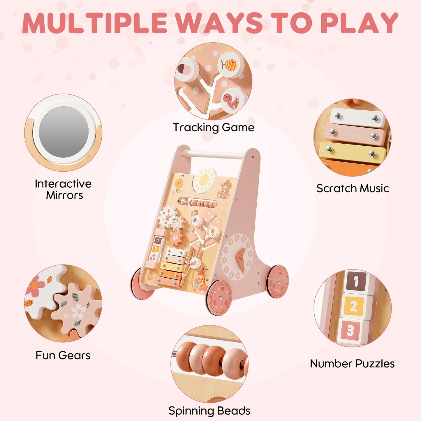 ROBUD Wooden Baby Walker, Baby Push Walker with Activity Center and Storage, Montessori Walker Toy for Boys and Girls Learning to Stand and Walk, Pink