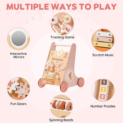 ROBUD Wooden Baby Walker, Baby Push Walker with Activity Center and Storage, Montessori Walker Toy for Boys and Girls Learning to Stand and Walk, Pink