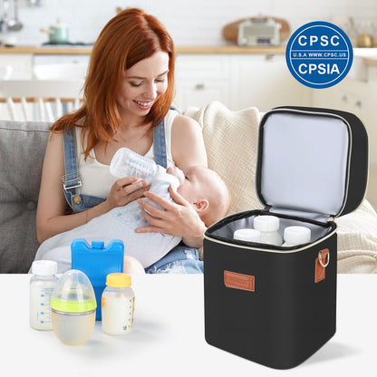PIIOSER Baby Bottle Tote Bag with Ice Pack, Fits 4 Baby Bottles Up to 9 Ounce, Small Insulated Breastmilk Cooler Travel Bag with Shoulder Strap for Nursing & Working Mom Daycare (Cream-S)