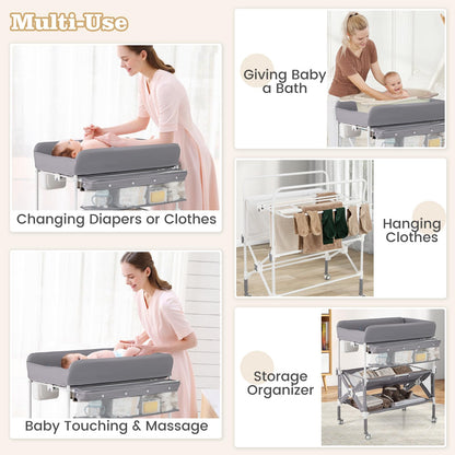 BABY JOY Portable Baby Changing Table, Foldable Waterproof Diaper Changing Station w/Wheels, Adjustable Height, Storage Basket, Shelves & Trash Bin, Mobile Nursery Organizer for Newborn Infant, Beige