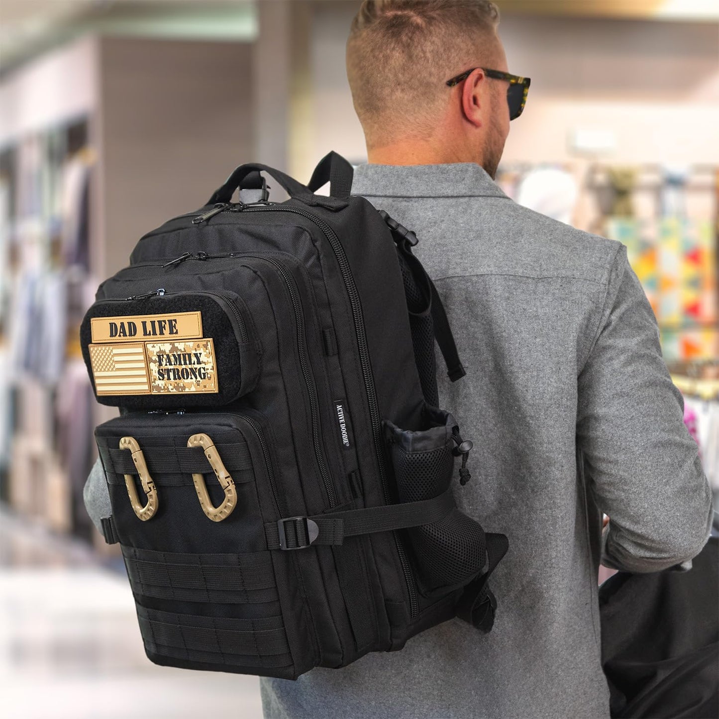 Dad Diaper Bag for Men with Removable Patches, Waterproof Tri-fold Changing Pad, Insulated Pouches, Molle Webbing, YKK Zippers, Black