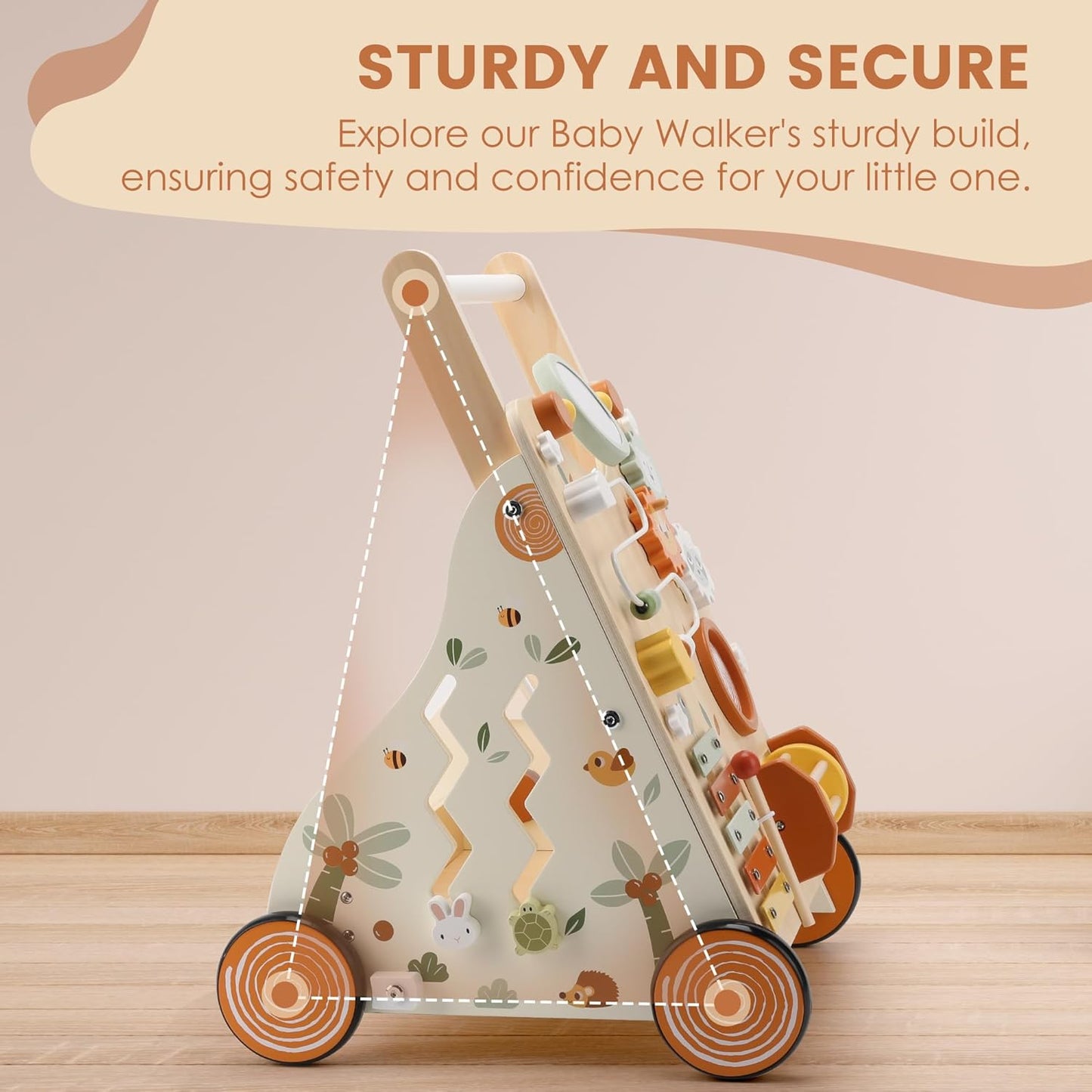Wooden Baby Walker, Baby Push Walker with Activity Center for Girls Boys, Push Walker Toys for Babies Learning to Walk, Sit-to-Stand, for 10-12 Months 1 2 3 Years Old