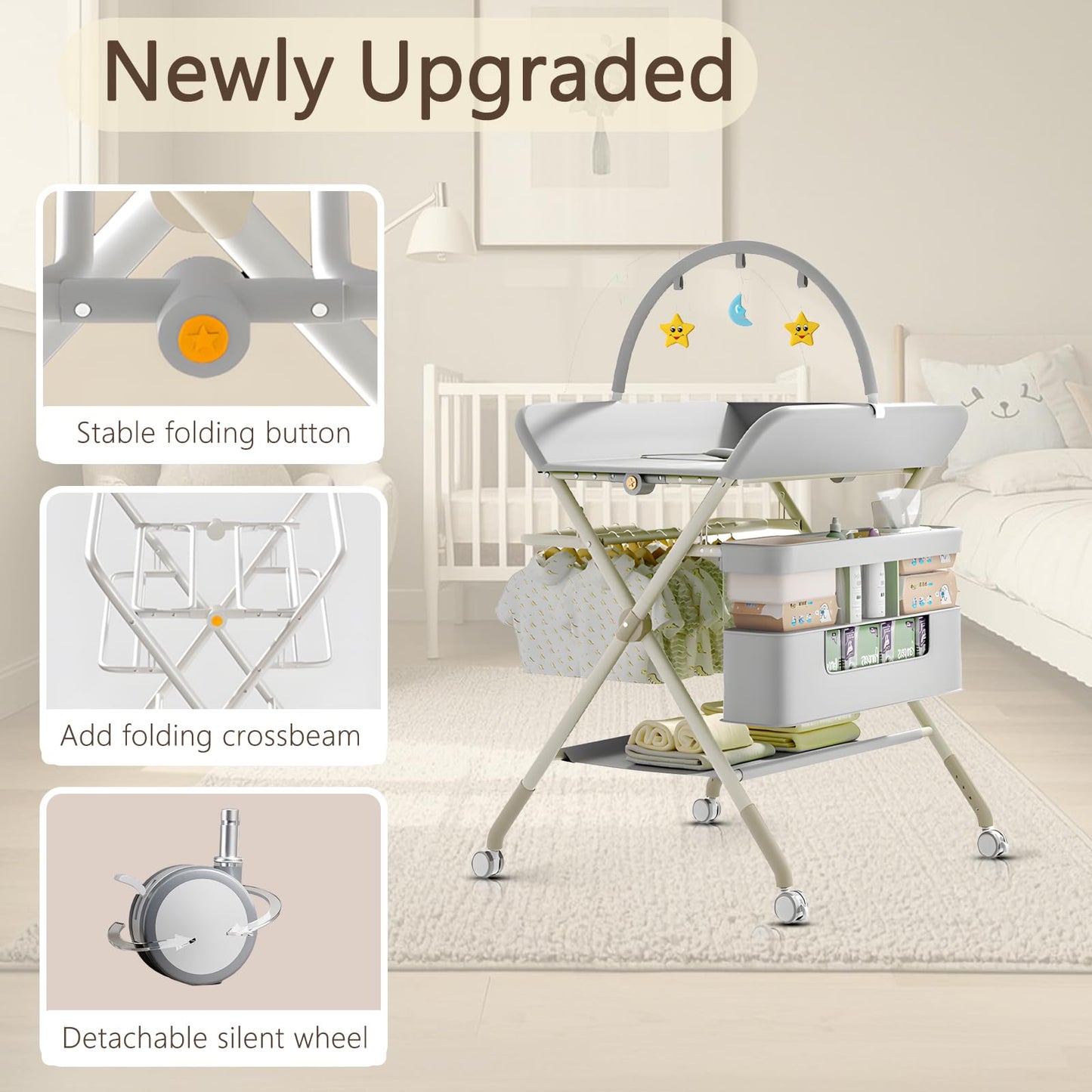 Foldable Portable Changing Table for Baby,Upgraded Style Baby Portable Diaper Changing Station with Wheels,Nursery Five Level Adjustable Height Changing Table with Organizer Storage(Green)