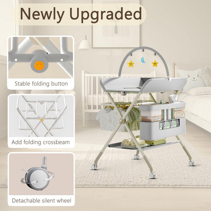 Foldable Portable Changing Table for Baby,Upgraded Style Baby Portable Diaper Changing Station with Wheels,Nursery Five Level Adjustable Height Changing Table with Organizer Storage(Green)