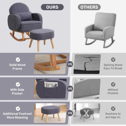 Rocking Chair with Ottoman, Upholstered Glider Rocker with High Backrest and Side Pocket, Rocking Accent Armchair with Solid Wood Legs for Nursery, Living Room, Bedroom Green