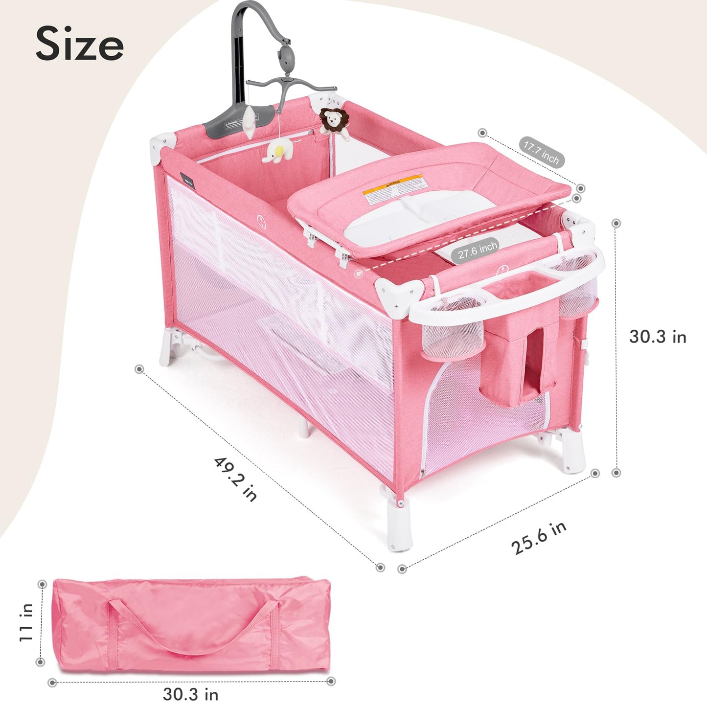 ANGELBLISS 5 in 1 Baby Bassinet, Bedside Crib & Playpen, Pack and Play Bassinet with Diaper Changer and Removable Rocker, Easy Folding Portable Crib with Mobile, Sheet & Mattress (Grey)