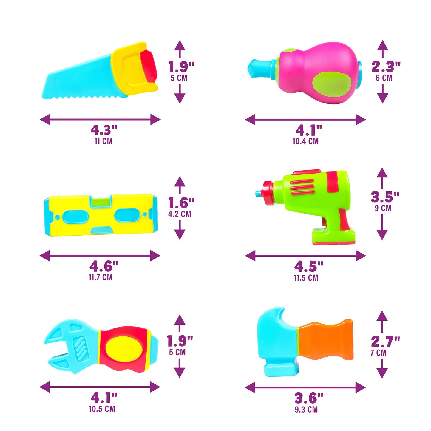 Tub Works® Tools™ Mold Free Bath Toys, 6 Pack | Sealed, No Hole Bath Toys Design Keeps Moisture Out | Soft, Squeezable & Float on Water | Easy-Grip Baby & Toddler Bathtub Toys | Great for Baby Pools