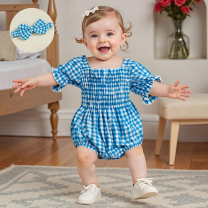 Infant Baby Girls Romper Ruffle Sleeve Pleated Smocked Bubble Plaid One Piece Ruched Jumpsuit Summer Bodysuit