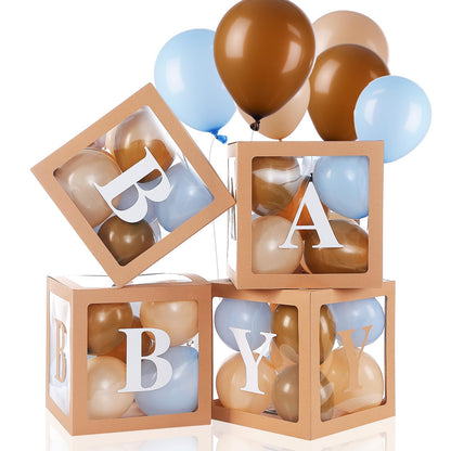 Zhanmai Baby Boxes for Bear Baby Shower Decoration with 4 Letters 36 Balloons 4pcs Transparent Clear Balloon Box Blocks for Boy Girl Balloon Boxes Gender Reveal Party Favors (Brown, Apricot, Blue)