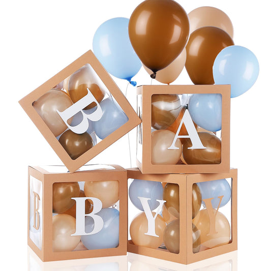 Zhanmai Baby Boxes for Bear Baby Shower Decoration with 4 Letters 36 Balloons 4pcs Transparent Clear Balloon Box Blocks for Boy Girl Balloon Boxes Gender Reveal Party Favors (Brown, Apricot, Blue)