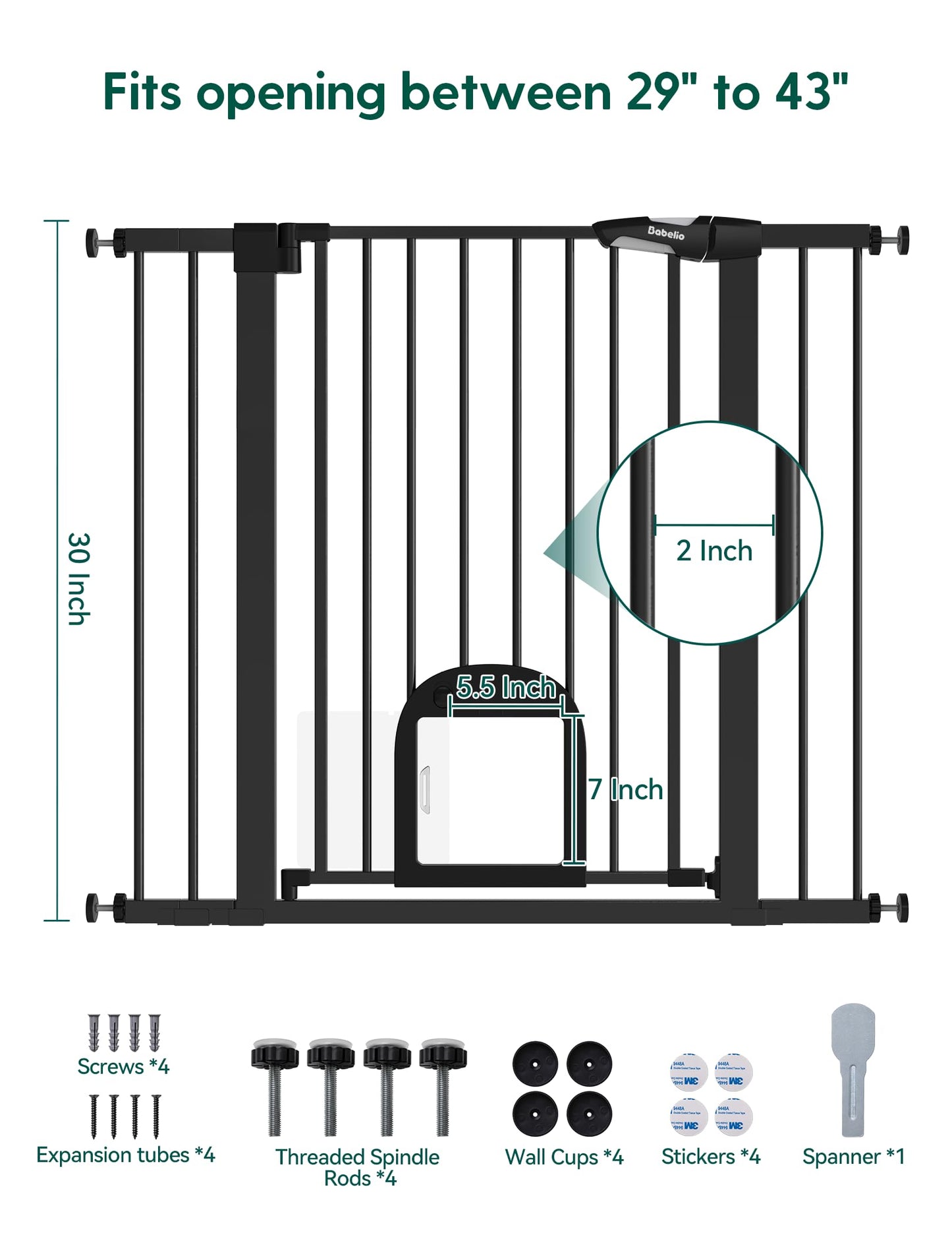 Babelio Upgraded Baby Gate with Cat Door, 29-43" Auto Close Durable Dog Gate for Stairs, Doorways and House, Easy Walk Thru Safety Gate with Pet Door Includes 4 Wall Cups, Black