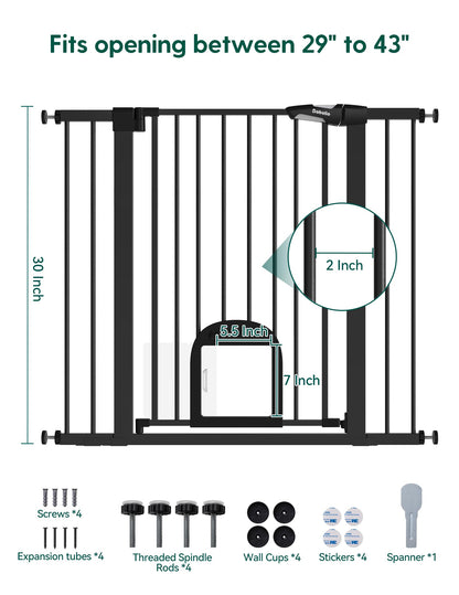 Babelio Upgraded Baby Gate with Cat Door, 29-43" Auto Close Durable Dog Gate for Stairs, Doorways and House, Easy Walk Thru Safety Gate with Pet Door Includes 4 Wall Cups, Black