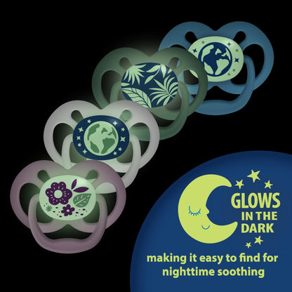 Dr. Brown's Advantage Glow-in-the-Dark Baby Pacifier, Fully Symmetrical Soother with Soft Silicone Bulb, Scooter Squirrel-Purple Nature, 6-18m, BPA Free, 4 Pack