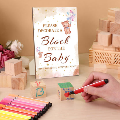 Baby Shower Games Sign Kit with 50 Blank Wooden Baby Blocks, 24 Acrylic Paint Marker and Wooden Sign, Blocks for Baby Shower, Gender Reveals Party(Green)