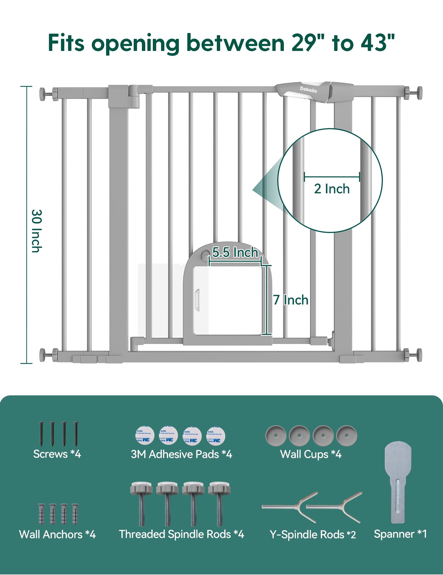 Babelio Upgraded Baby Gate with Cat Door, 29-43" Auto Close Durable Dog Gate for Stairs, Doorways and House, Easy Walk Thru Safety Gate with Pet Door Includes 4 Wall Cups, Black