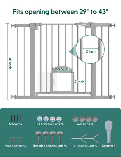 Babelio Upgraded Baby Gate with Cat Door, 29-43" Auto Close Durable Dog Gate for Stairs, Doorways and House, Easy Walk Thru Safety Gate with Pet Door Includes 4 Wall Cups, Black