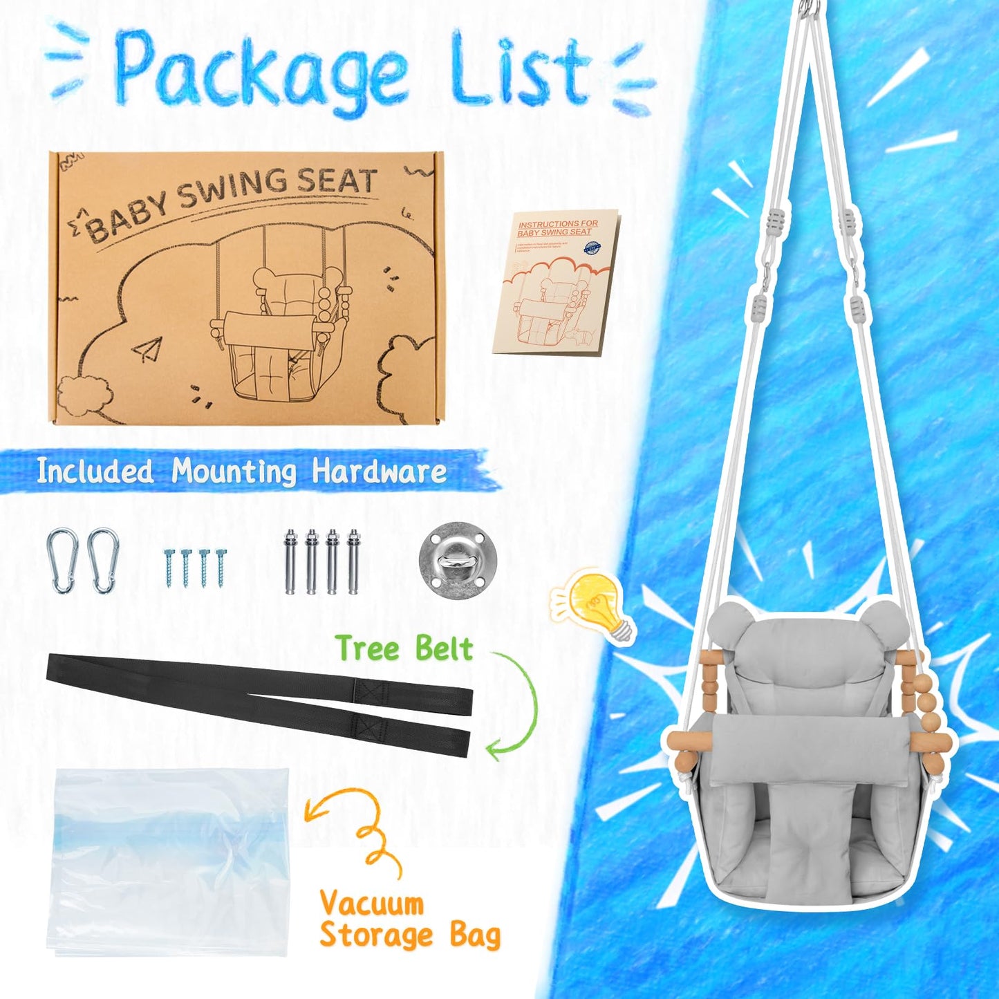 Baby Swing Indoor Outdoor,Secure Canvas Wooden Toddler Swing Seat, 3-Point Adjustable Safety Harness,Mounting Hardware Included,Gift for Boys and Girls,White