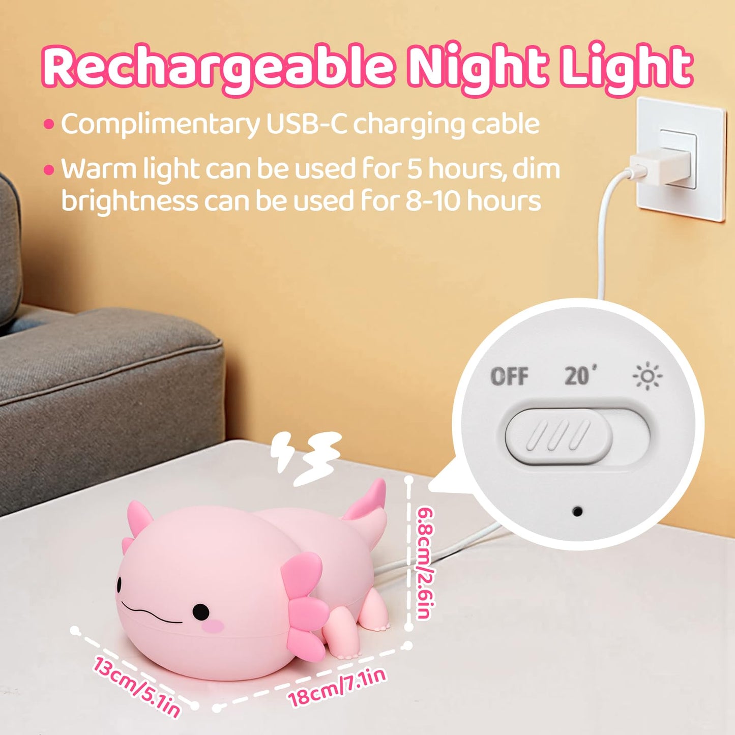 Huggwaii Squishy Axolotl Night Light for Kids – Dimmable Silicone Axolotl Lamp, 2025 Upgraded Baby Night Light, Rechargeable, 20H Battery Life, Sleep Aid Gift for Toddlers, Girls&Room Decor