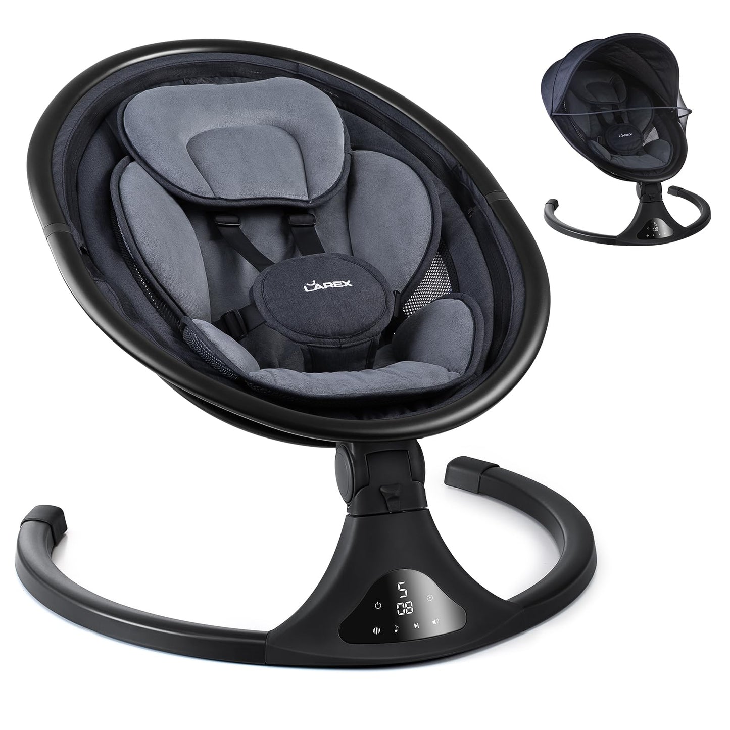 LAREX Baby Swing to Toddler Electric Infant Swing Portable for Newborn Boy Girl, 5 Sway Speeds with Remote Control, 12 Preset Melodies and Bluetooth, 0-6 Months Max 20 Lbs(Dark Wood Grain)