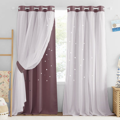 NICETOWN Nursery Curtains for Kids, Farmhouse Blackout Curtain Panels for Bedroom, Double Layer Star Hollow-Out Grommet Aesthetic Living Room Toddler Window Curtains, 2 Pcs, W52 x L84, Biscotti Beige