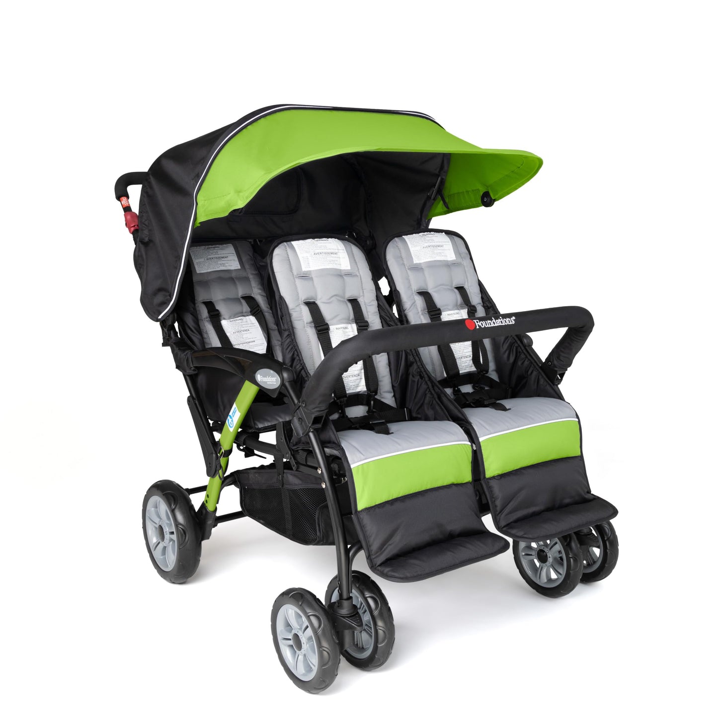 Gaggle by Foundations Compass Quad 4 Seat Stroller | 4-Seat Stroller for Daycare | Oversized UV Blocking Canopy | 5-Point Harness | Easy Loading | Storage Bucket | Black