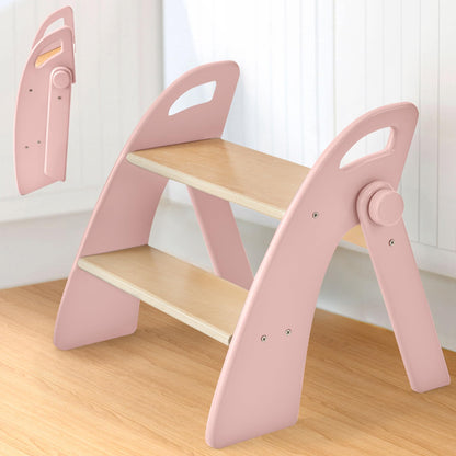 Wooden Step Stool, Two Step Stools, 300 lb. Load Capacity, with Safety Non-Slip Pads and Handles, Bamboo Step Stool for Bathroom and Kitchen, Children's Double Height Step Stools(Pink)